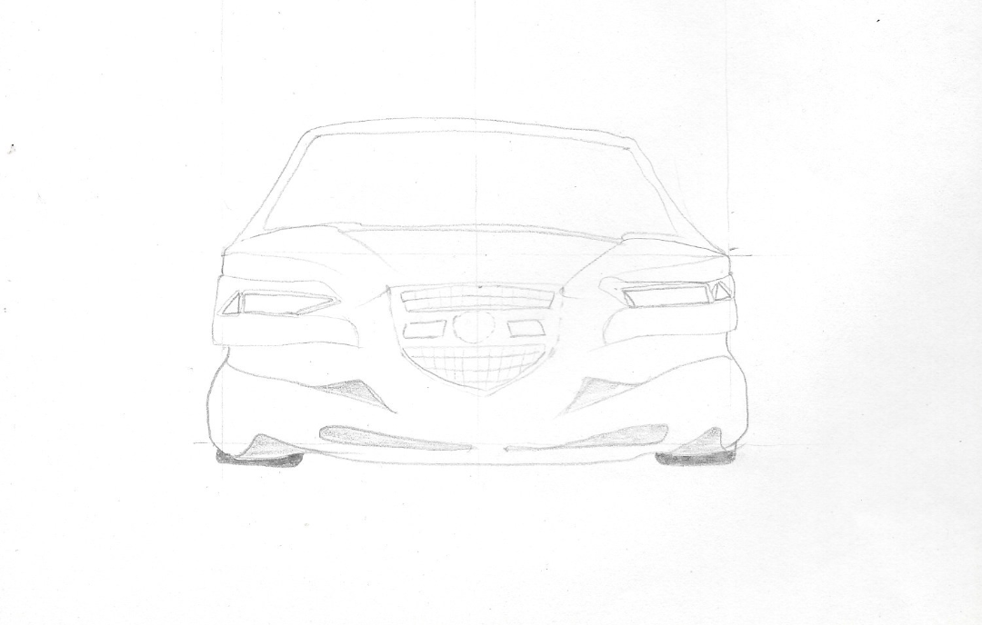 Disegno a matita, vista frontale della Lancia Kappa