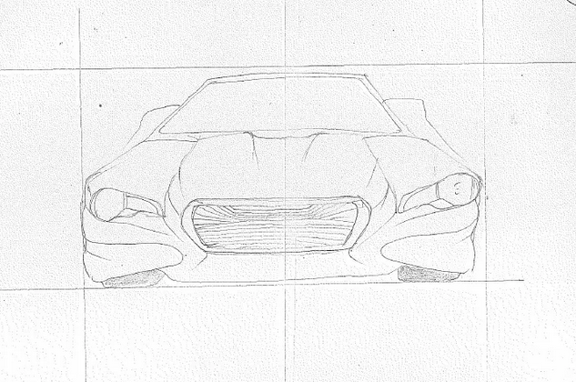 Disegno della Lancia Thesis, vista frontale a matita