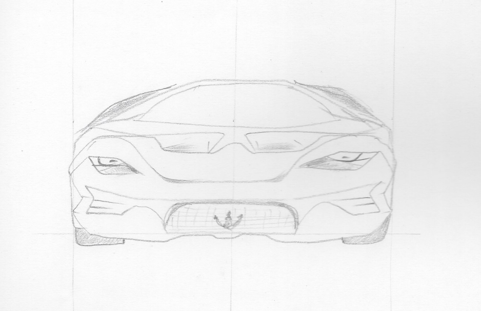 Disegno a matita della vista frontale della Maserati Ghibli