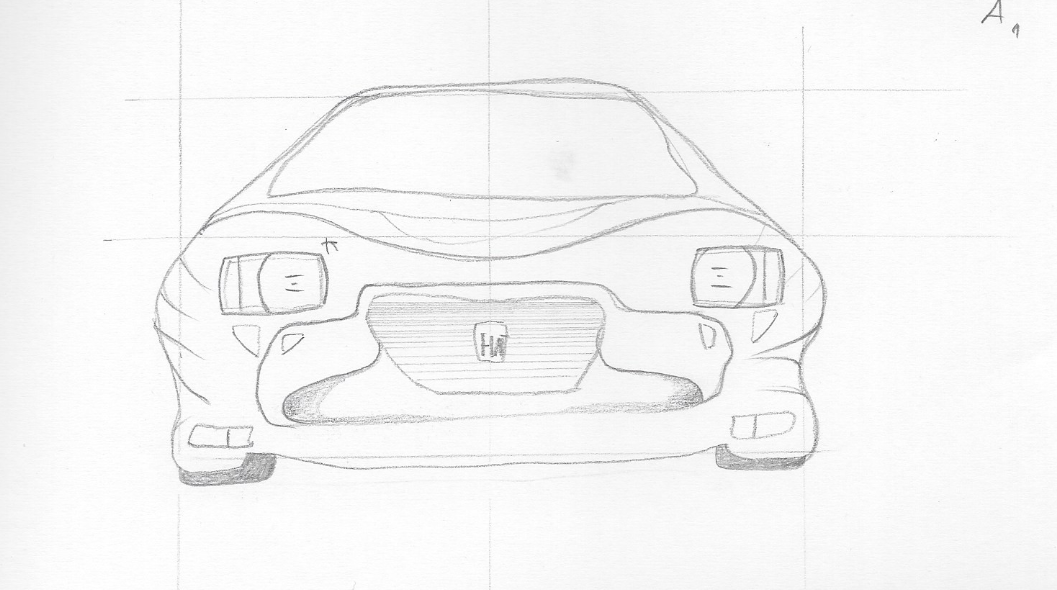 Studio anonimo a matita della vista frontale di un’automobile