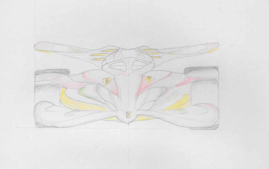Studio a matita e colori di Ferrari F1 con alettone a guscio, vista dall’alto